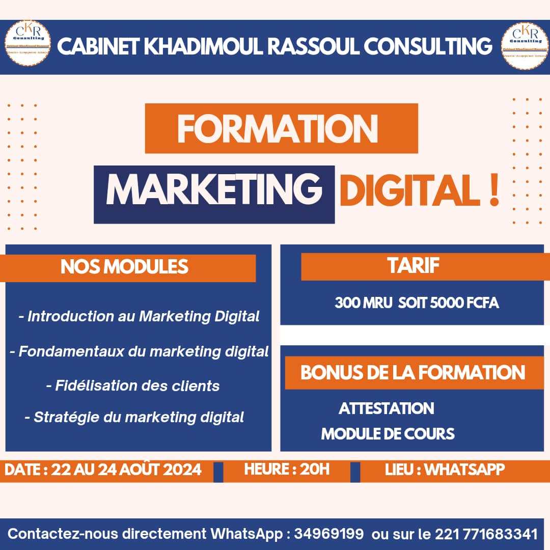 Formation sur le Marketing digital en ligne : Du 22 au 24 Août 2024